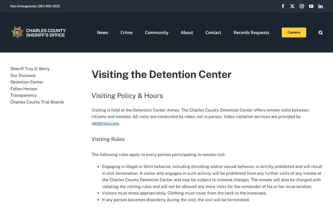 Charles County Detention Center inmate visitation schedule and video visit rules