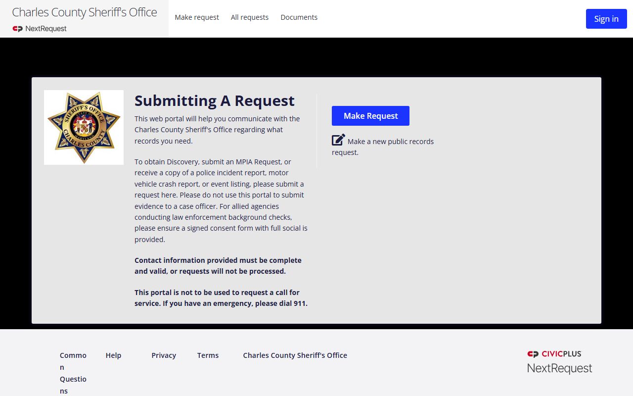 Charles County Sheriff's Office NextRequest portal for annex inmate and jail records requests