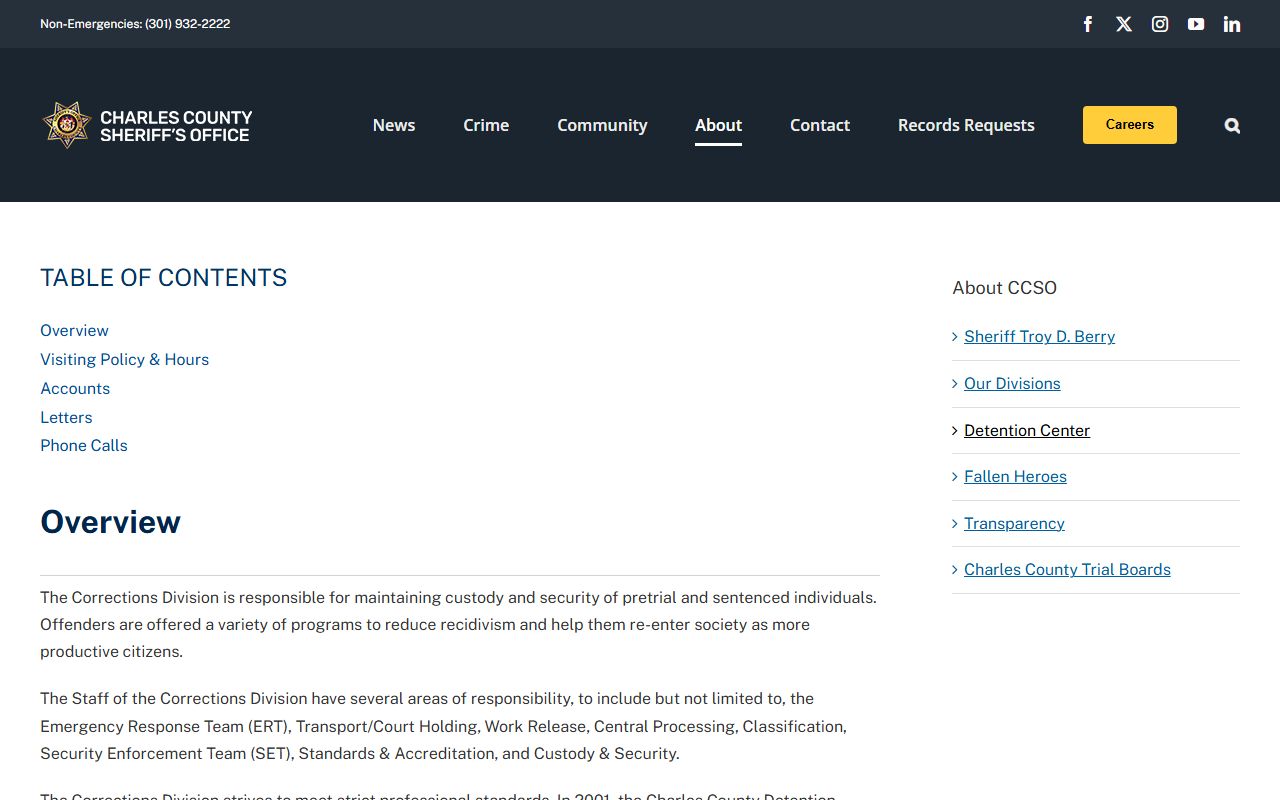Charles County Detention Center inmate custody information page