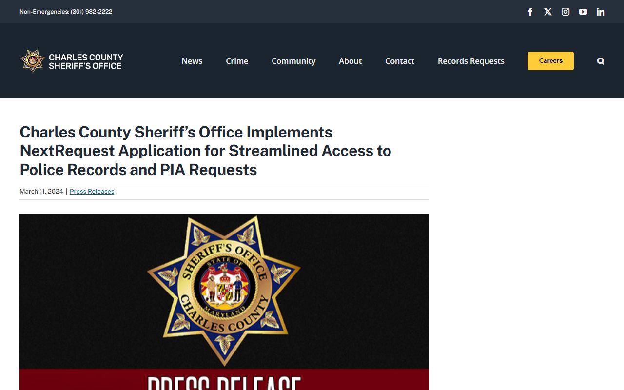 Charles County jail mugshots and booking photo records request announcement