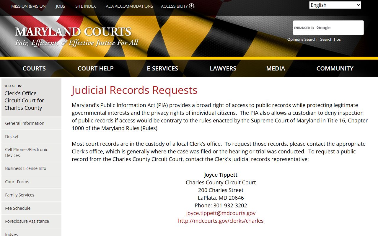 Charles County court records after arrest judicial records request contact