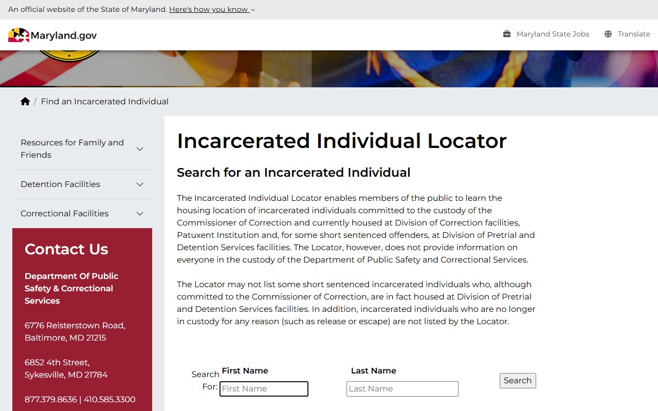 Maryland DPSCS locator for Charles County inmate search after sentencing